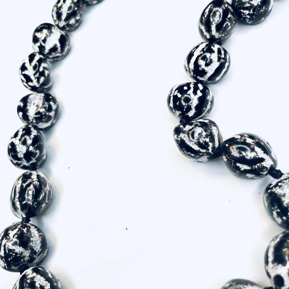 Vintage Ceramic Bead Necklace 1980s, Black & White Glazed Beads, with Ribbon Tie